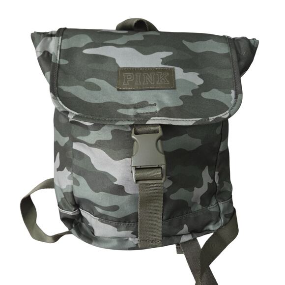 Victorias Secret Pink Camouflage Mini Backpack Buckle Strap Drawstring Green Bag - Picture 1 of 10